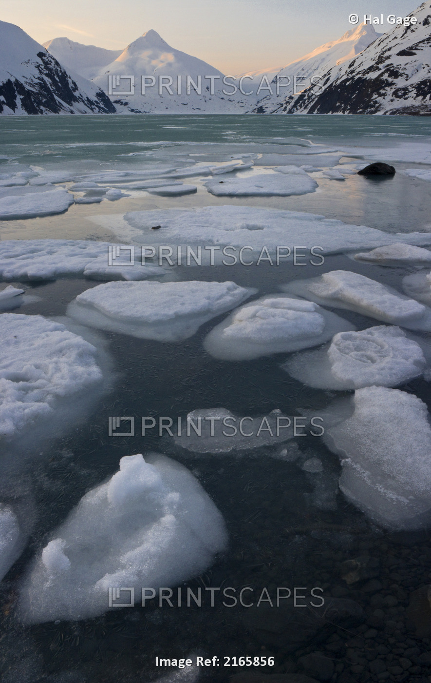 Scenic Of Ice In Portage Lake At Sunrise, Southcentral, Alaska