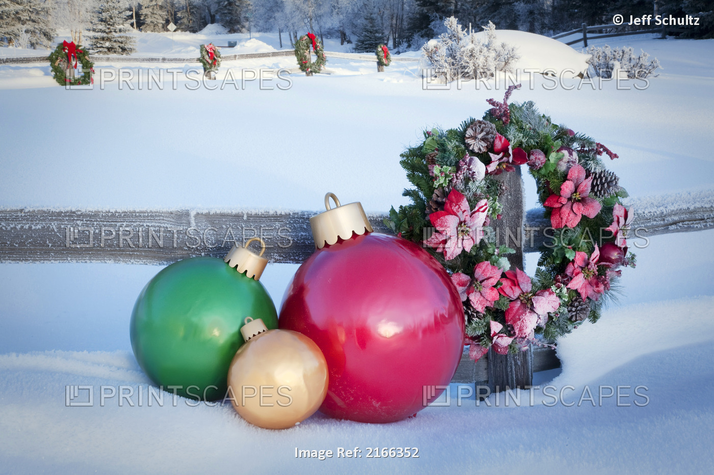 Split Rail Fence Decorated With Christmas Wreaths And Decorations, Anchorage, ...