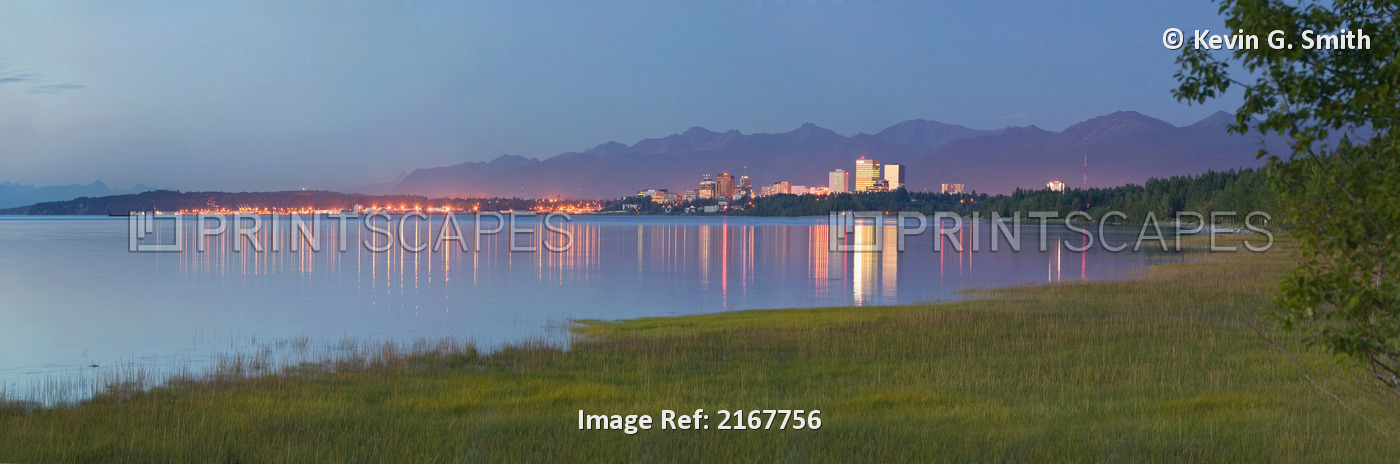 View Of Downtown Anchorage Skyline Across Knik Arm W/Reflection @ Sunset ...