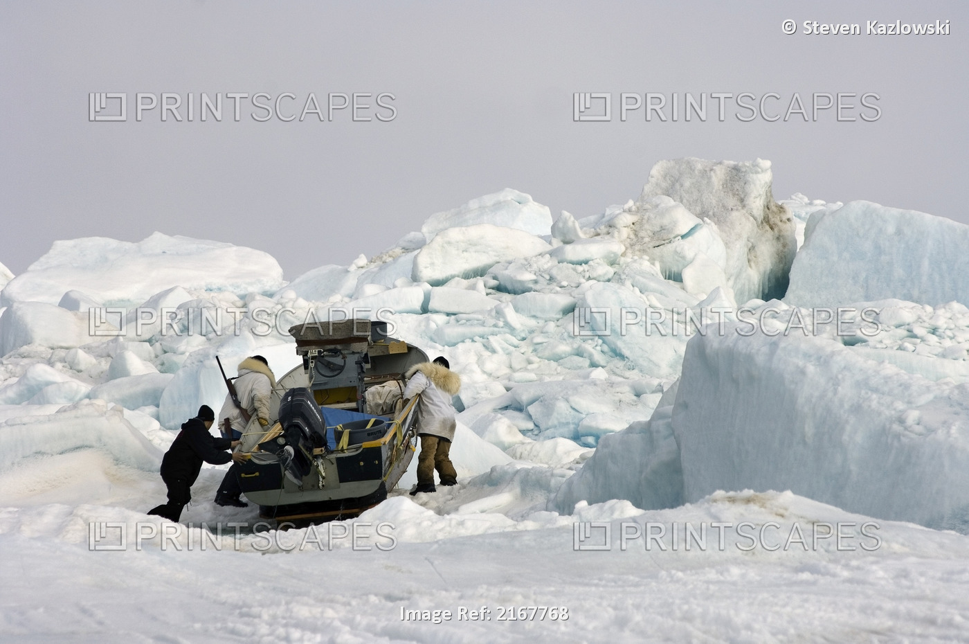 Inupiat Whalers Move Aluminum Boat Along Trail Over Pressure Ridges & Rough Ice ...