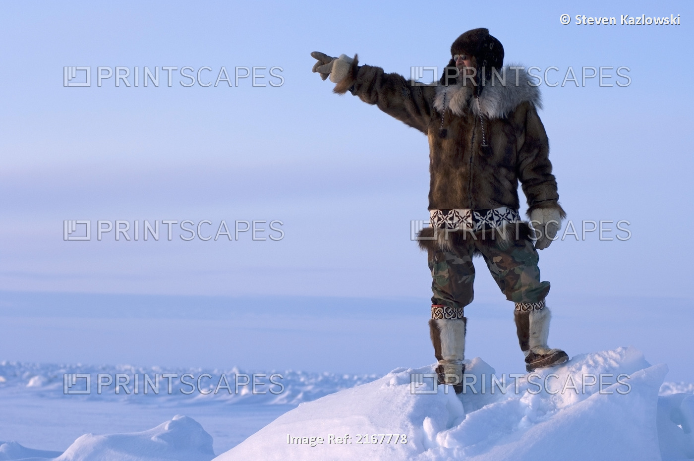 Inupiaq Man Stands On The Pack Ice And Points Towards The Chukchi Sea Near ...