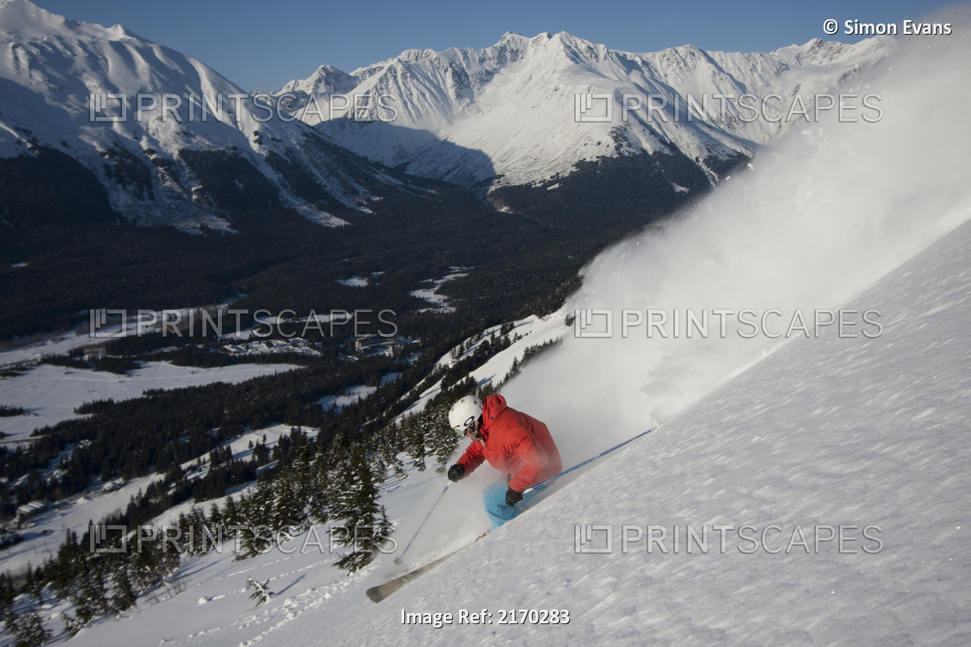 Downhill Skier In The Backcountry Of Alyeska Resort, Southcentral Alaska, Winter