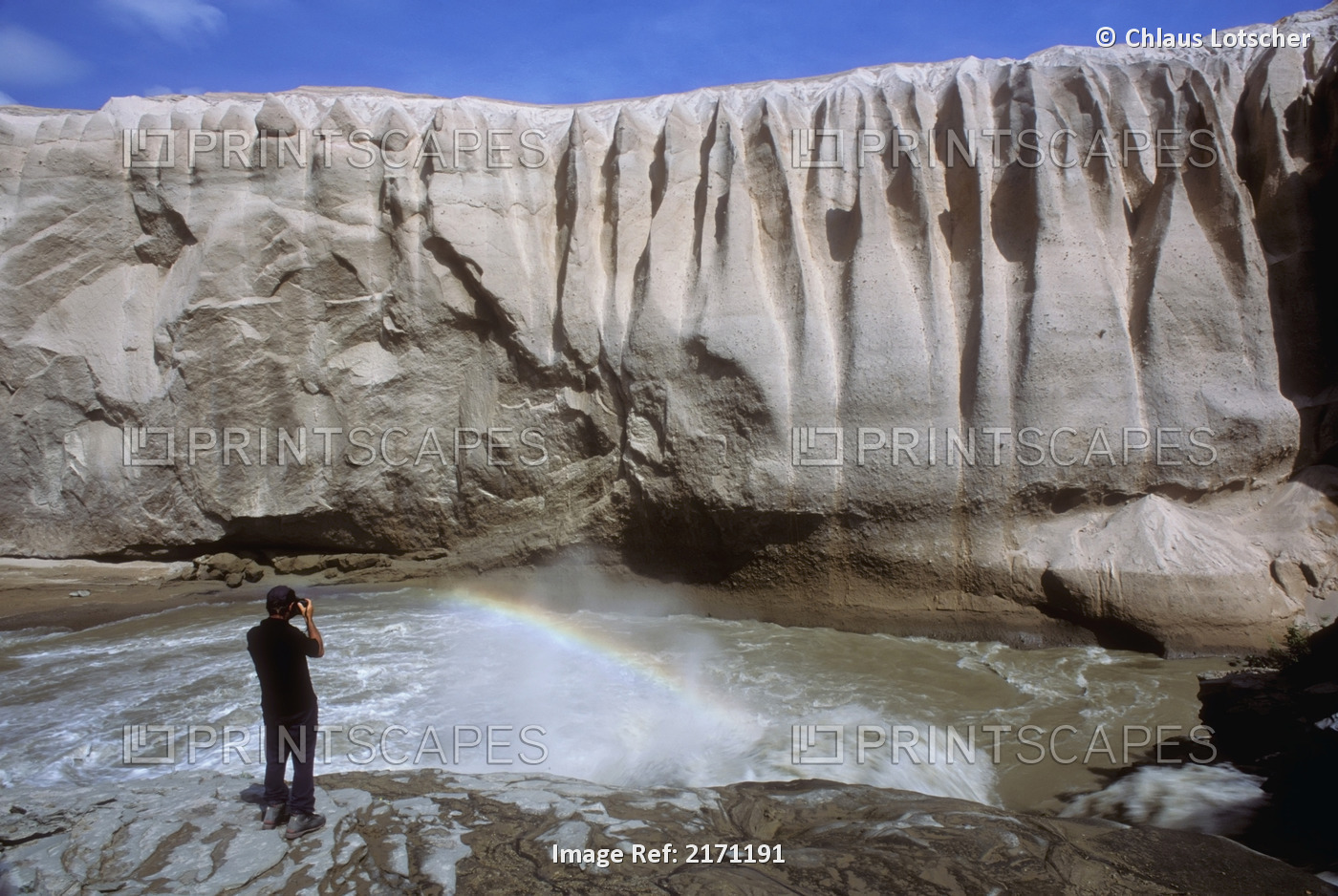 Person Views A Volcanic Ash Wall Above The Okak Waterfalls Of Lethe River In ...