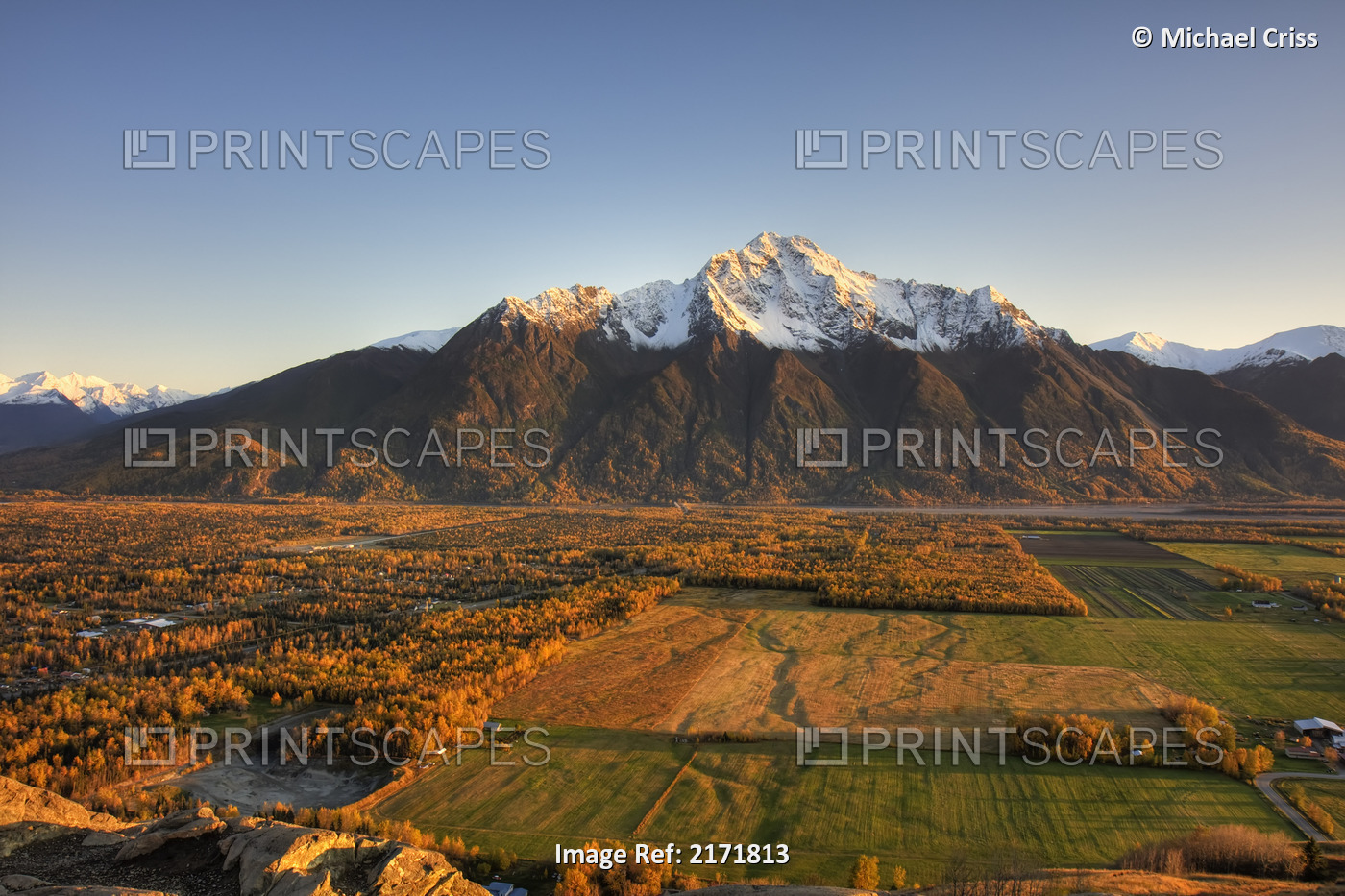 Sunset On Pioneer Peak And Farm Fields Near Palmer, Southcentral Alaska During ...