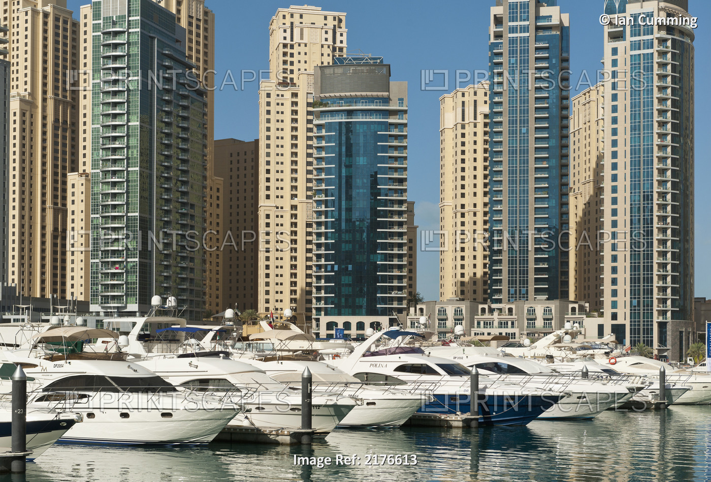 Dubai Marina, Dubai, Uae.Boats And Residential Flats In The Dubai Marina