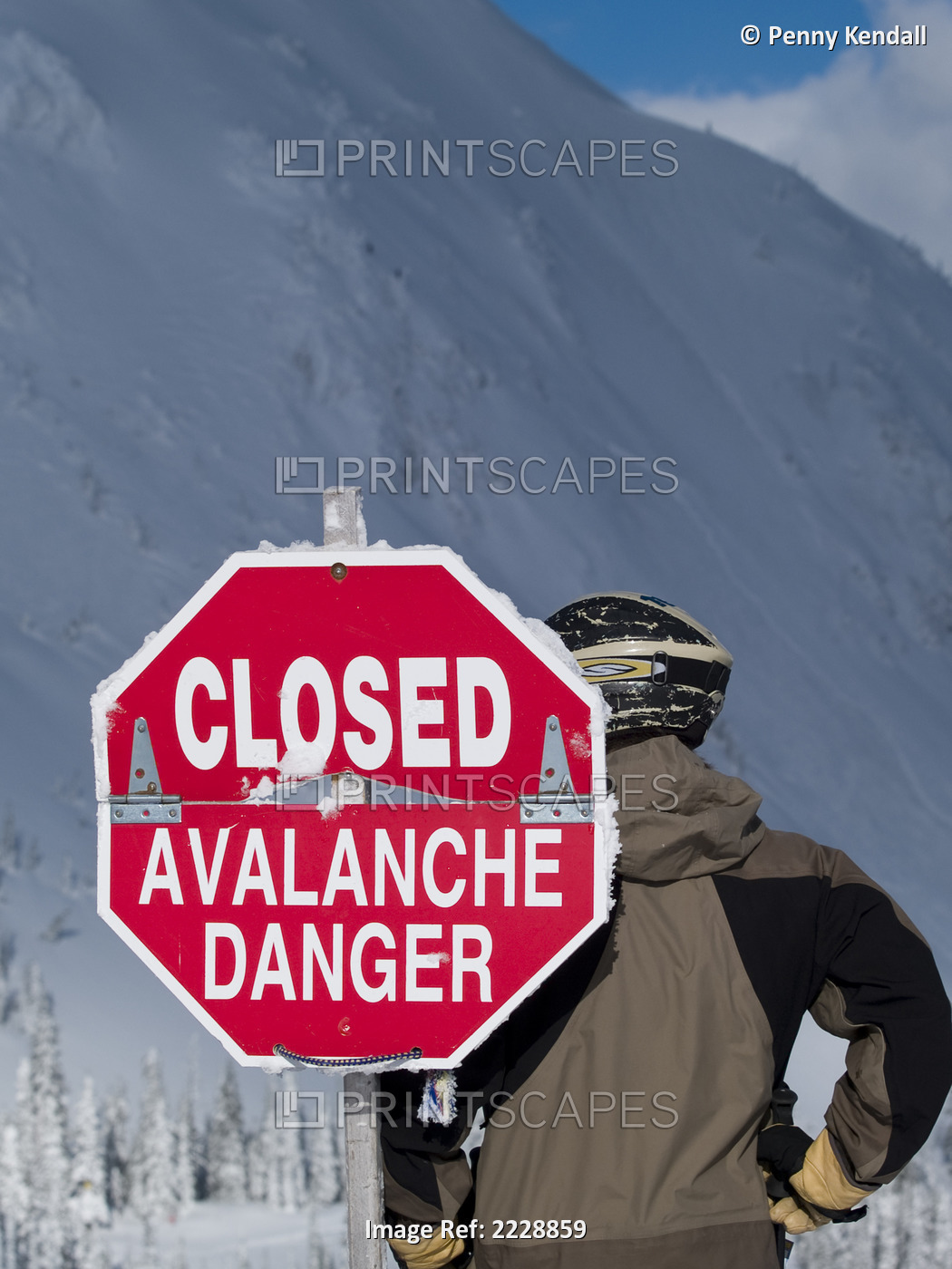 Helmeted Skier Stands Behind 'closed Avalanche Danger' Sign. Fernie, British ...