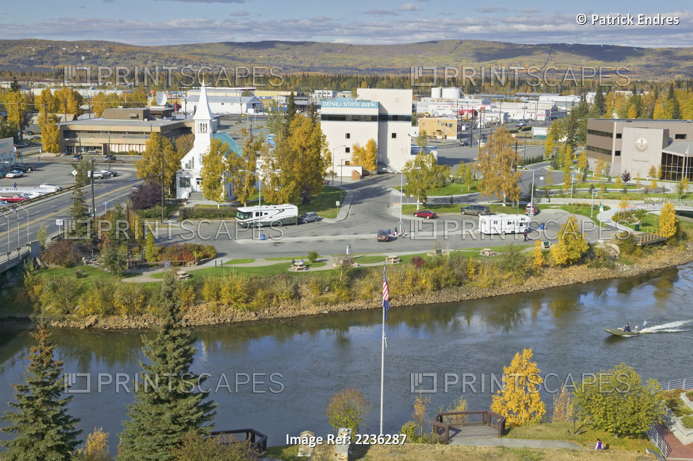 Overview Of Chena River Flowing Through Downtown Fairbanks Alaska Autumn