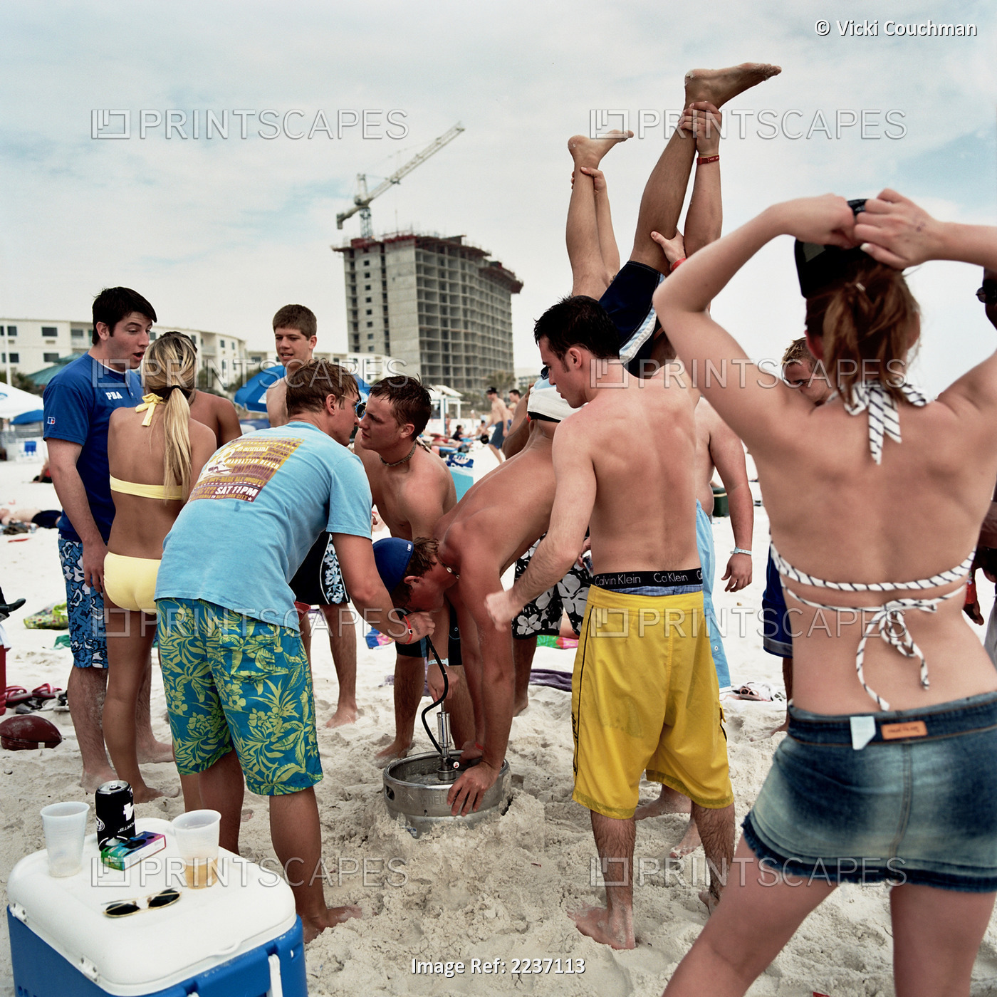 Boys (Students) Doing Keg Stands On The Beach, Panama City, Florida, Usa.