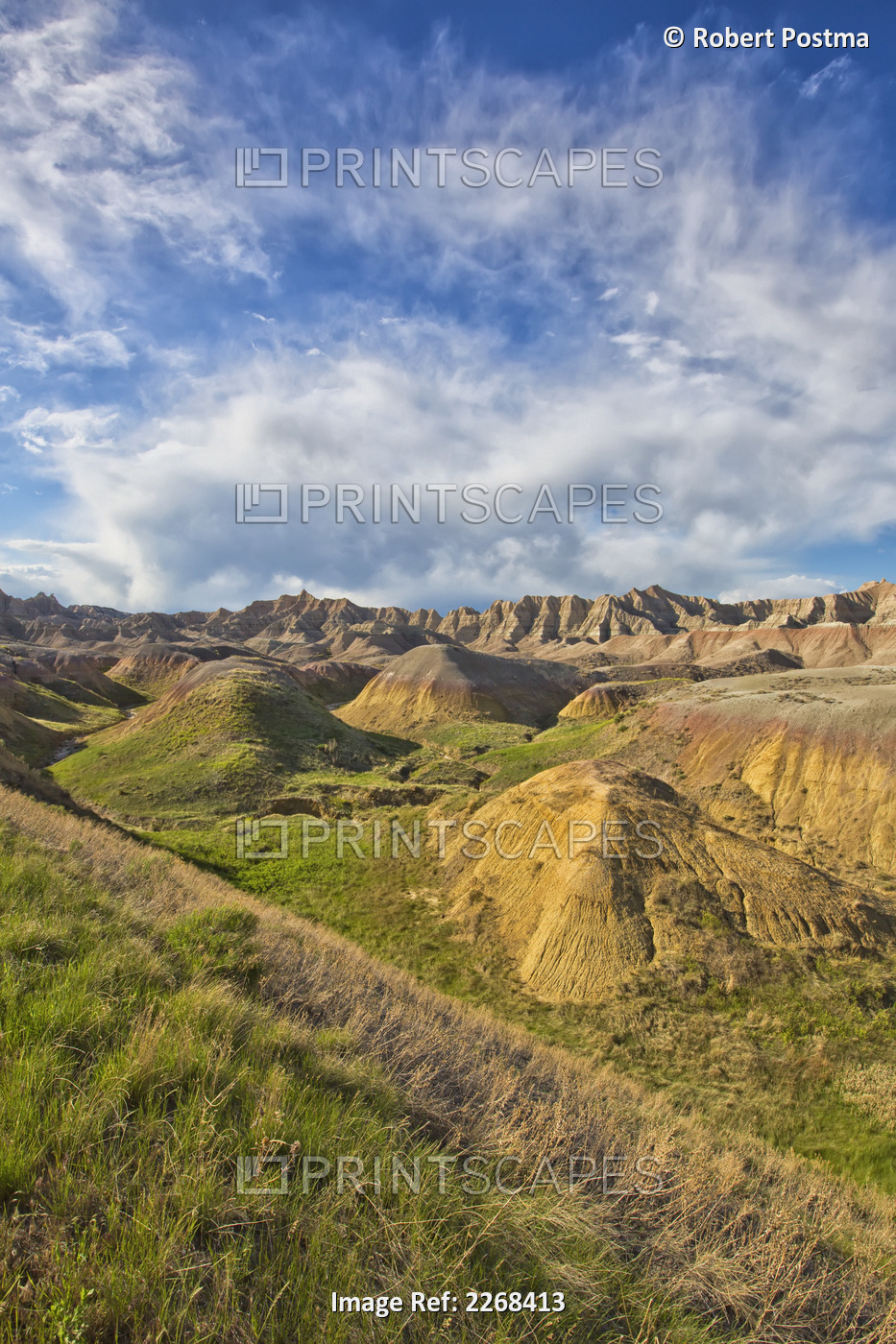 Afternoon sunshine hits the yellow mounds region in badlands national park; ...