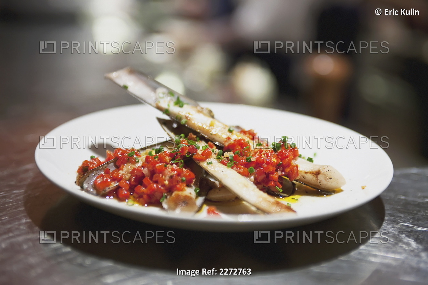 Razor clams on a plate in a restaurant; boston massachusetts usa