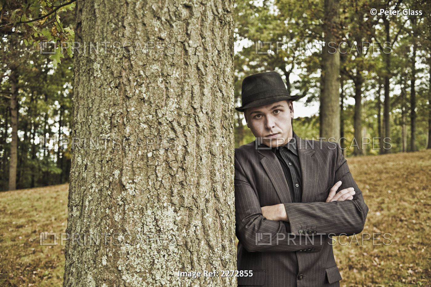 Young man in fedora leaning against a tree; hartford connecticut usa