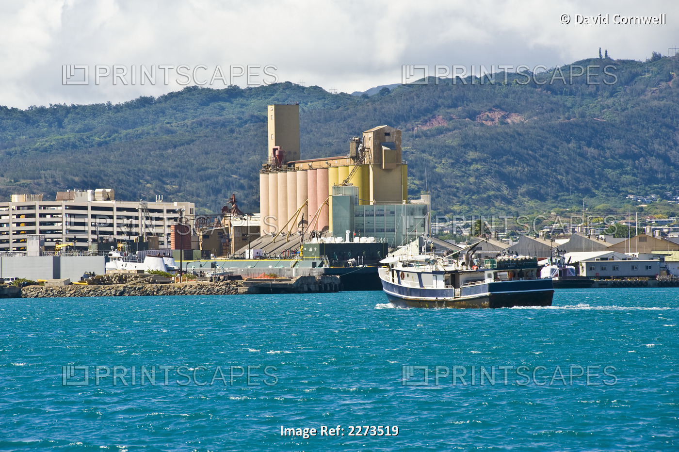 Hawaii, Oahu, Honolulu Harbor, View Of Cargo Ship And Buildings From Ocean.
