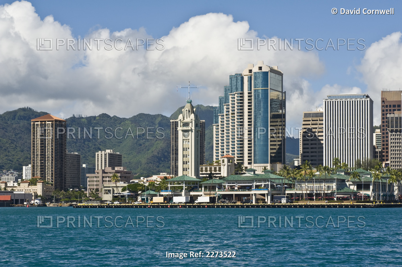 Hawaii, Oahu, Honolulu Harbor, Aloha Tower And Office Buildings.