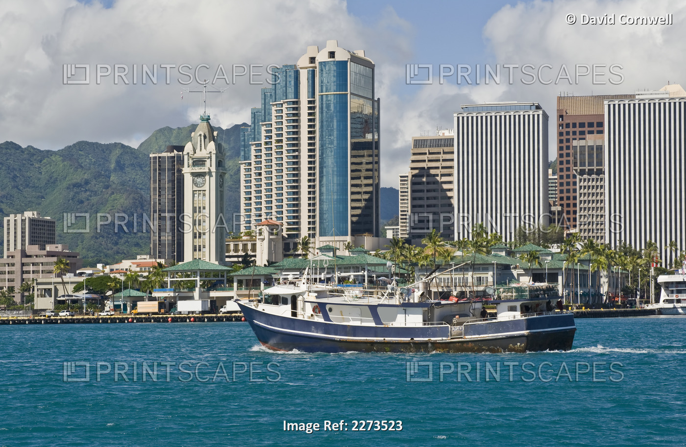 Hawaii, Oahu, Honolulu Harbor, View Of Cargo Ship, Aloha Tower And Office ...
