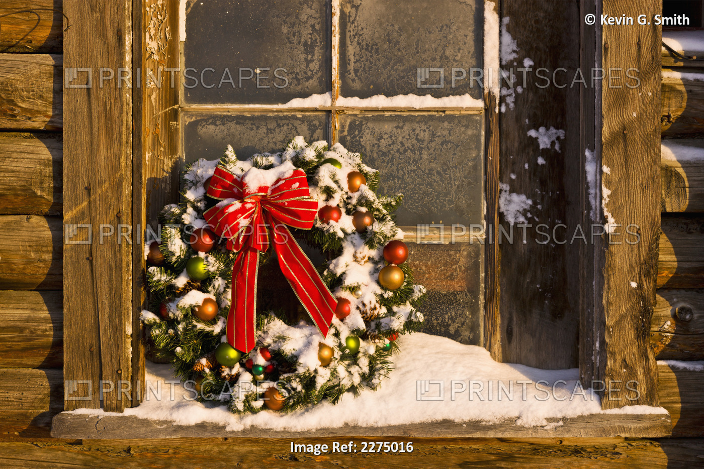 Decorated Christmas Wreath Sits In The Windowsill Of A Rustic Log Barn Mat-Su ...