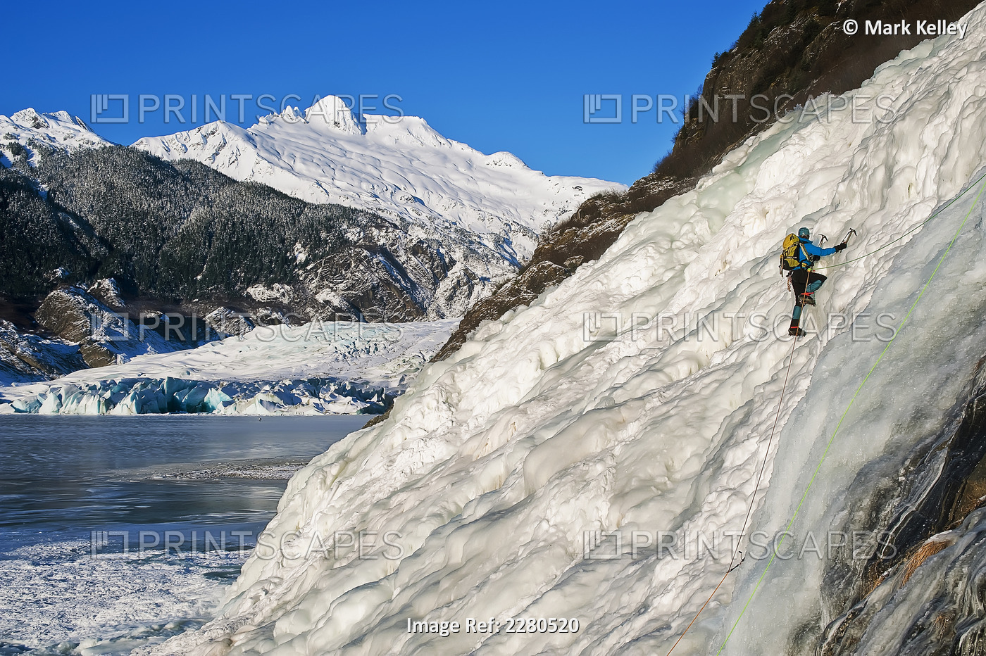 Female Ice Climber Climbs The Frozen Nugget Falls With Mendenhall Glacier In ...