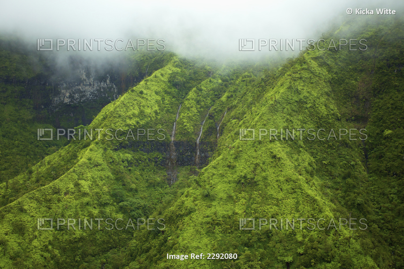 Waterfalls flowing through lush green hills under the low lying clouds; Hawaii ...
