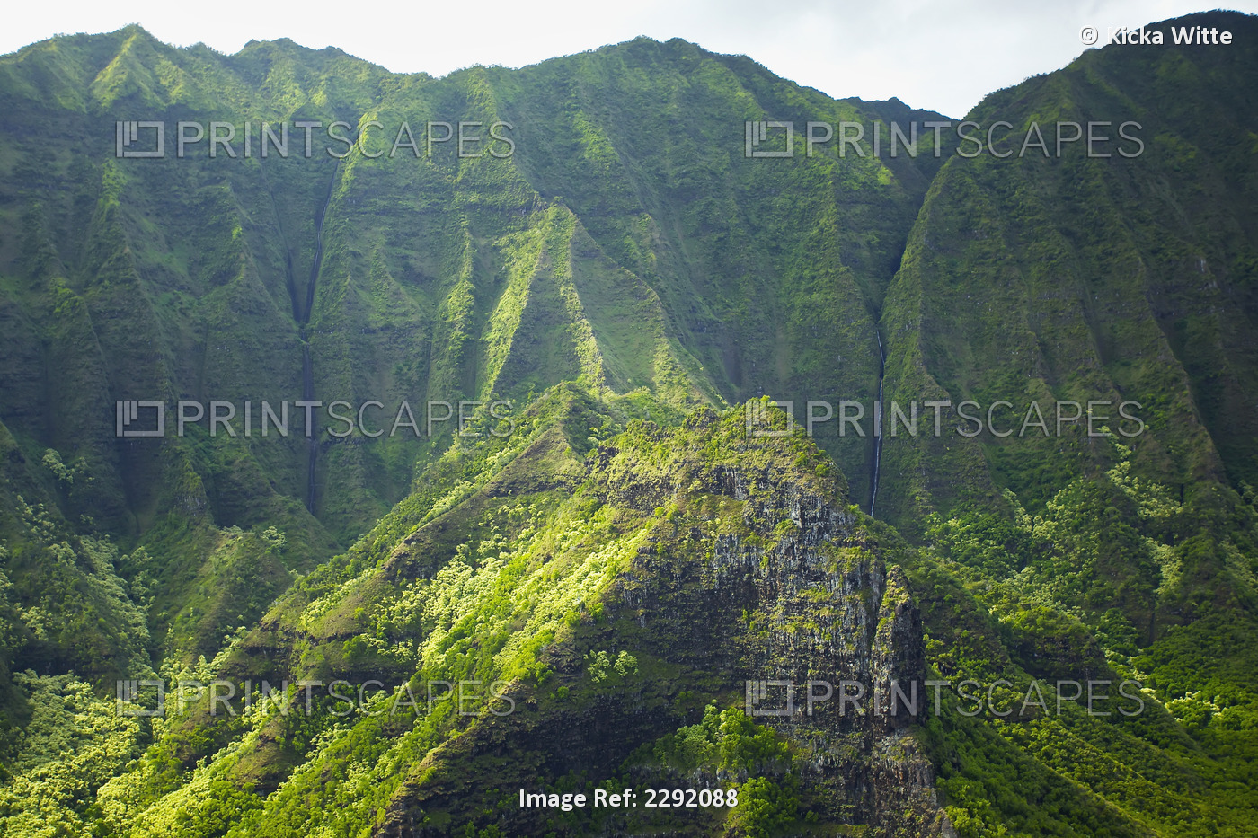 Rugged landscape of mountains covered in trees; Hawaii united states of america