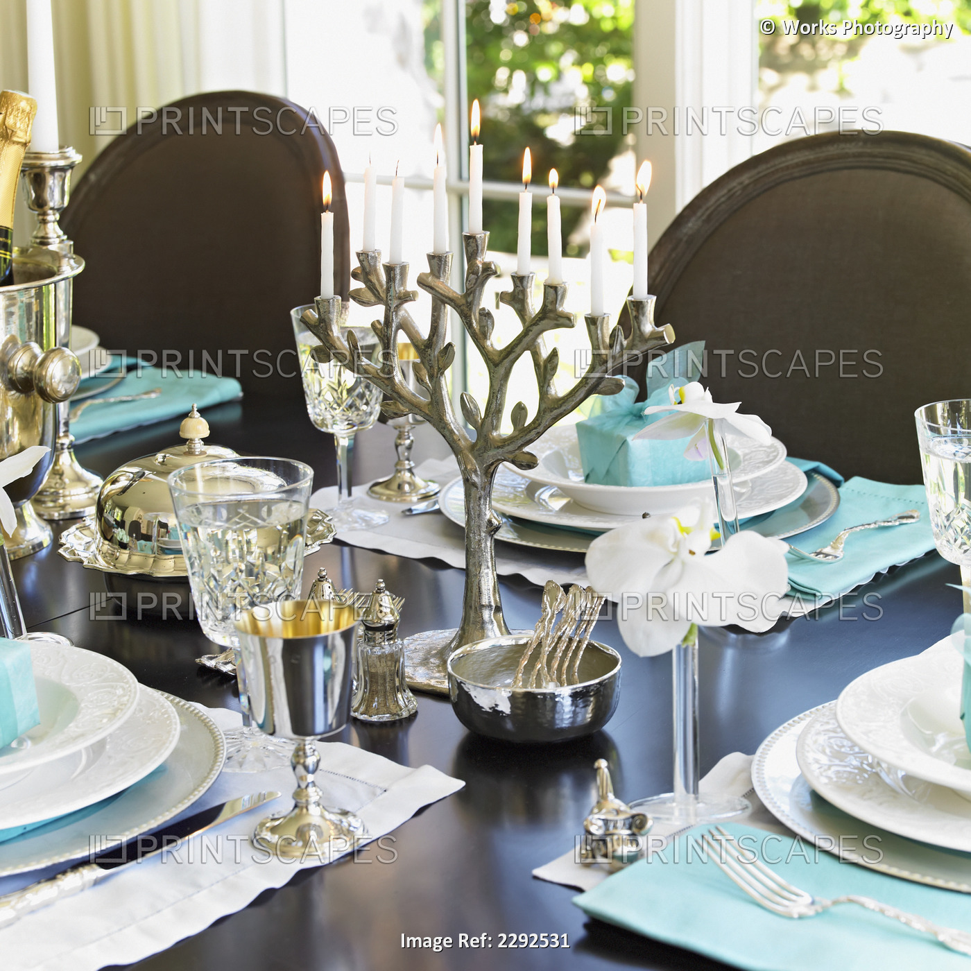 Silver menora on hanukkah table setting; Victoria vancouver island british ...