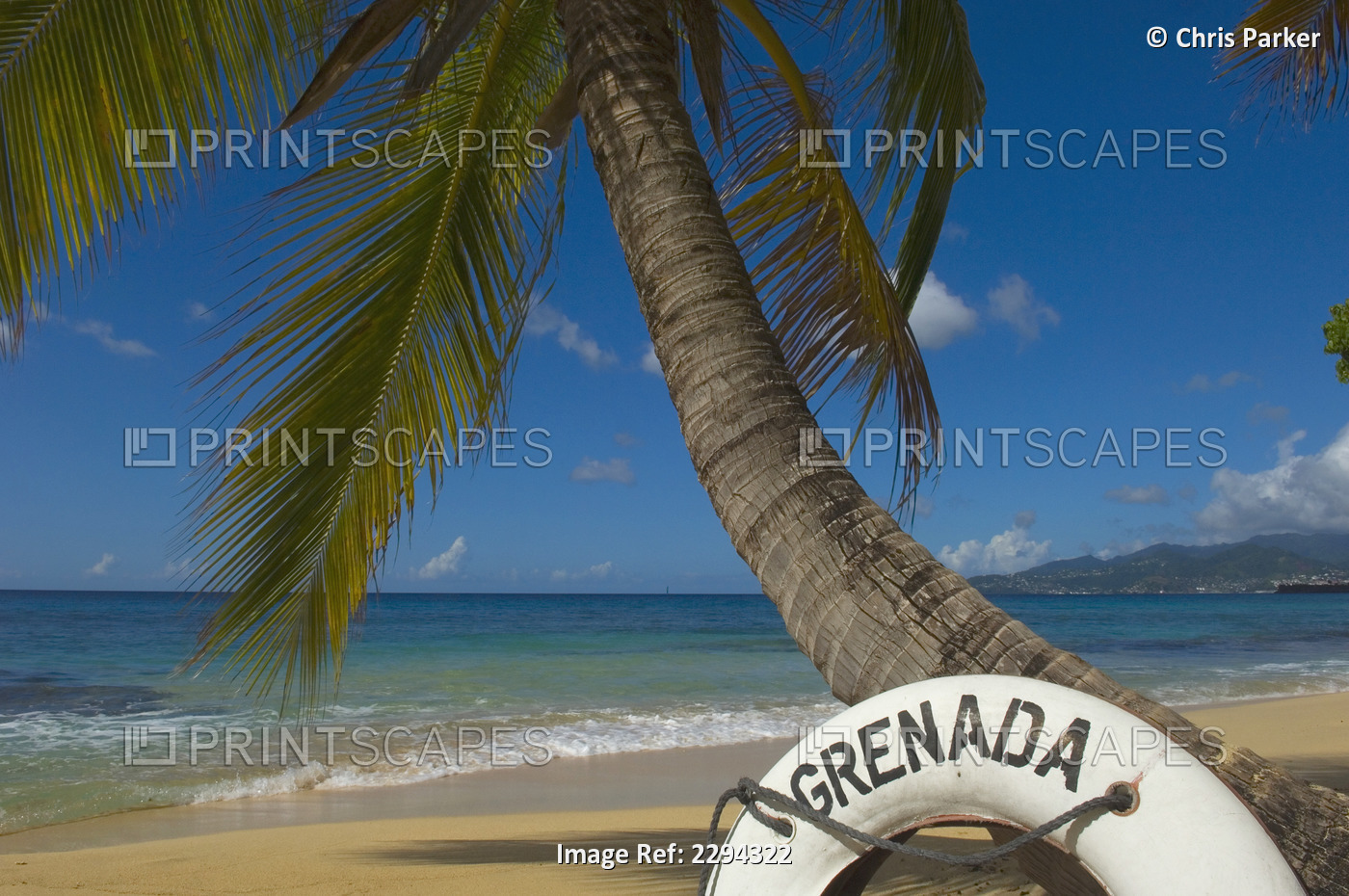 Caribbean, Grenada, Life buoy with Grenada written on it; Magazine Beach
