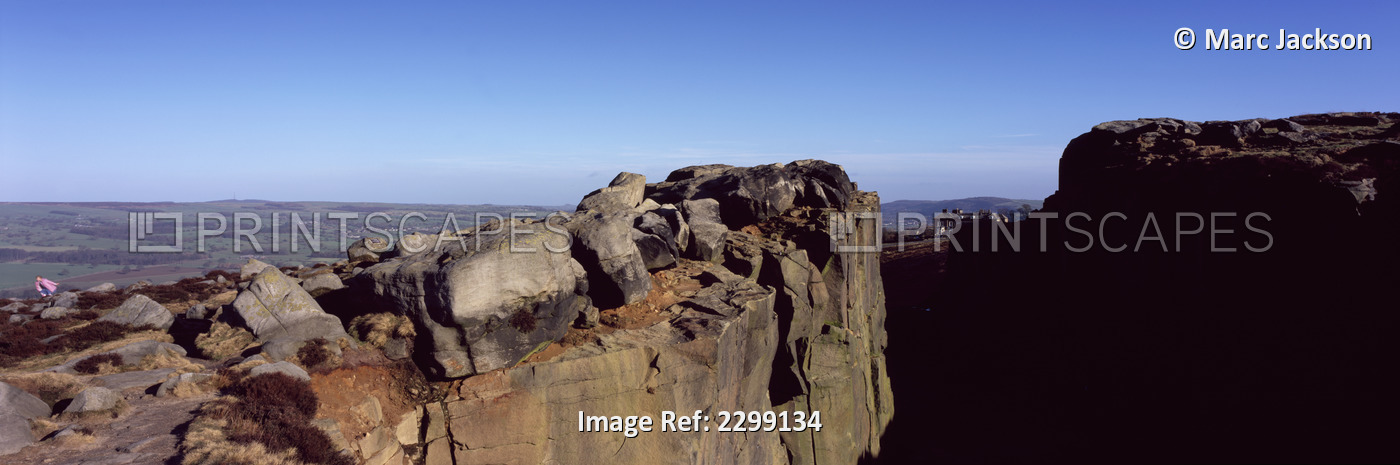 Uk, England, Yorkshire, Panoramic Shot Of View From Top Of Cow And Calf Rocks; ...