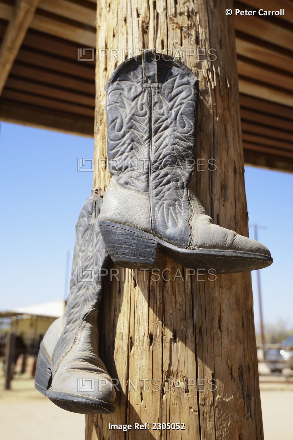 Cowboy Boots Hanging From A Post At A Riding Ranch;Arizona Usa