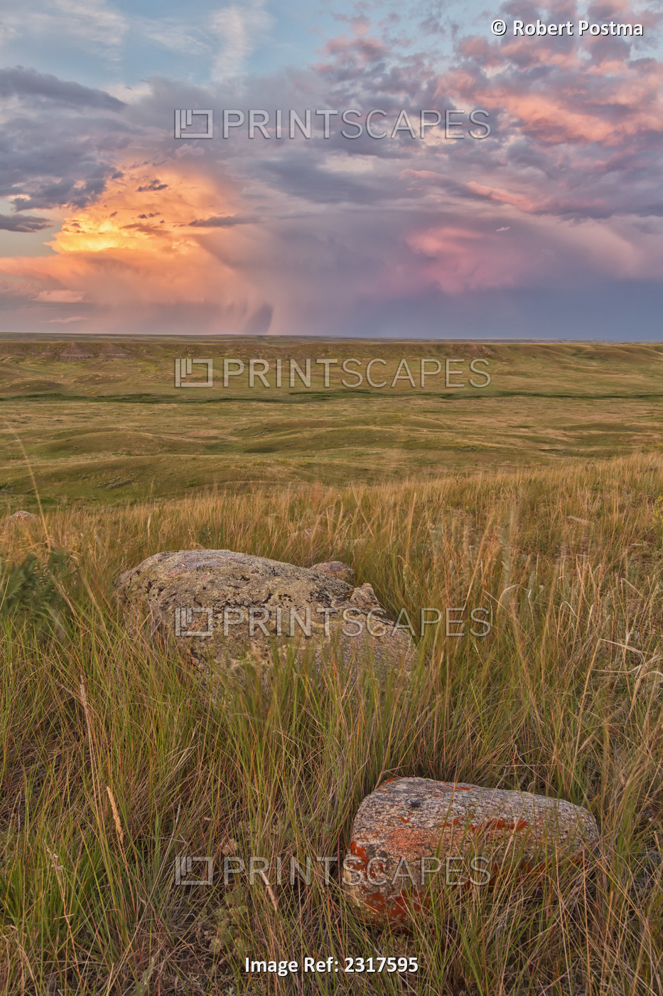 A large storm cell is seen on the horizon at sunset in grasslands national ...
