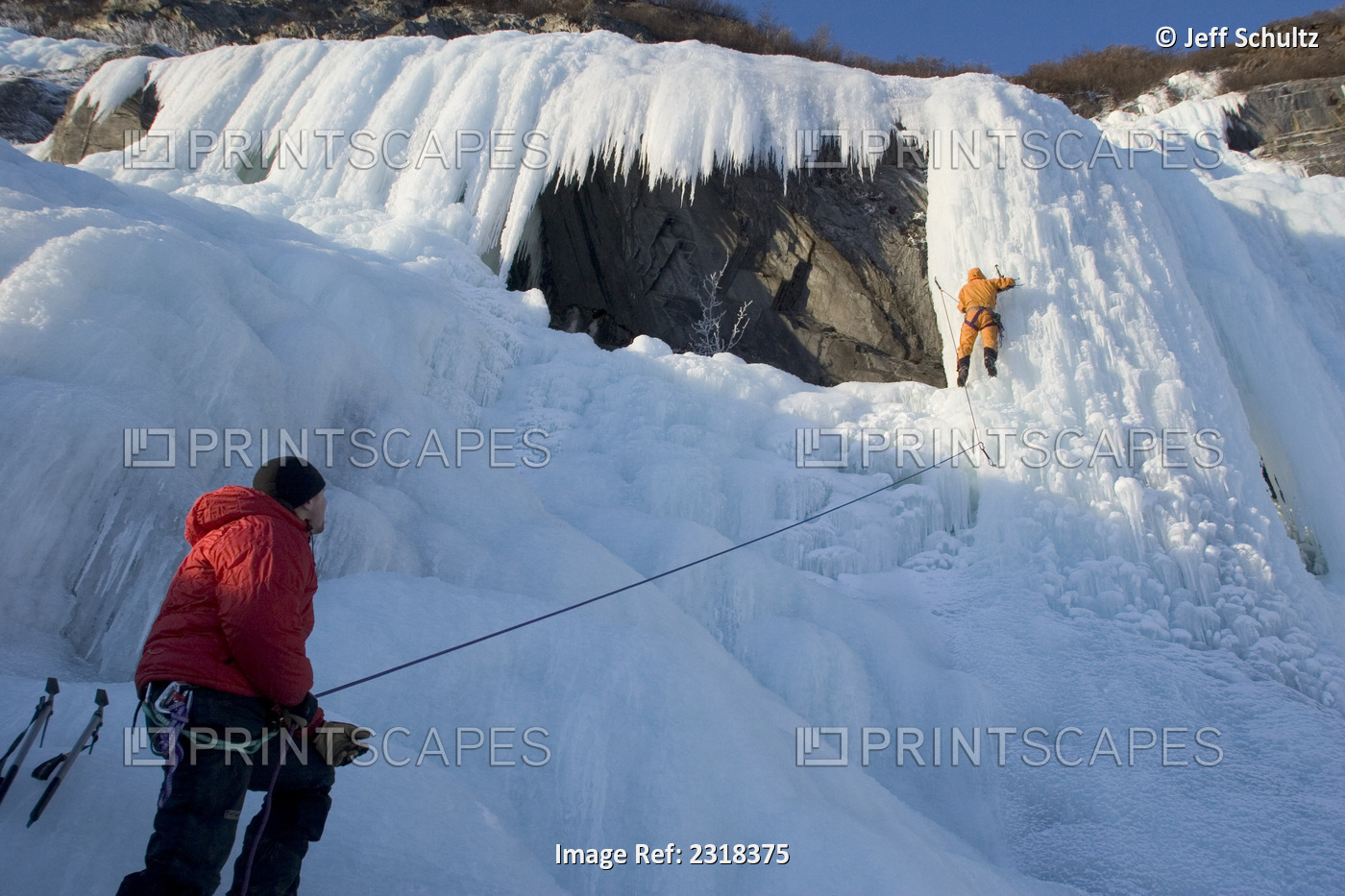 Ice Climbers On Waterfall In Gorge Knik Glacier Sc Ak Winter