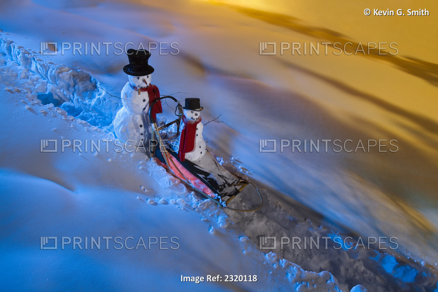Large & Small Snowman Ride On Dog Sled In Deep Snow @ Night Interior Fairbanks ...