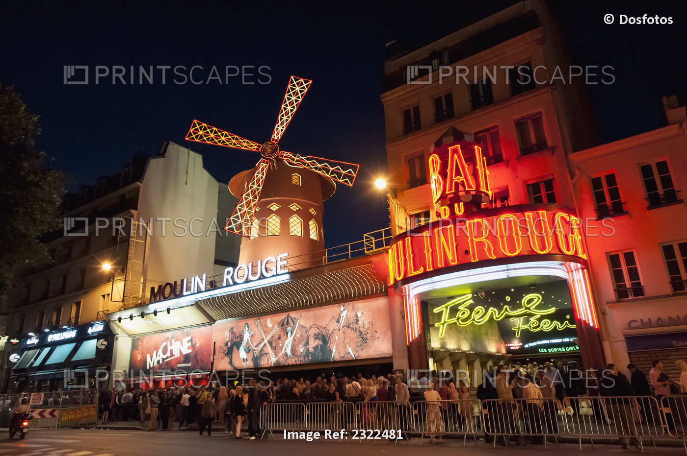 France, Montmartre; Paris, Moulin Rouge at night