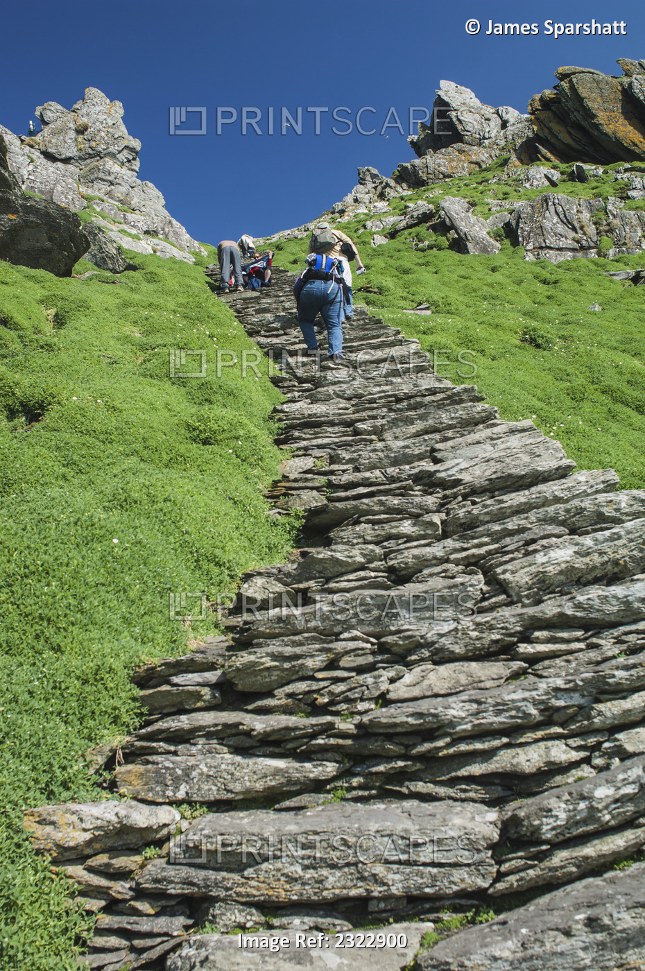 Tourists on footpath climbing up Skellig Michael; Skellig Islands, County ...