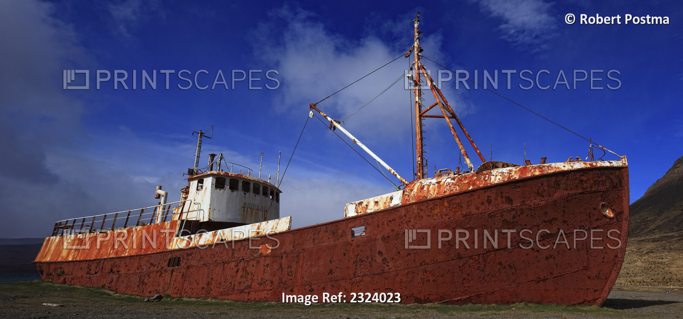 Beached And Rusty Ship At The Head Of The Latrabjarg Peninsula; Iceland