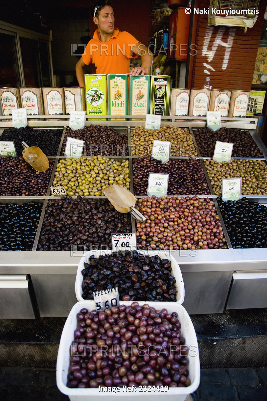 Greece, Variety of Greek olives for sale at market stall; Thessaloniki