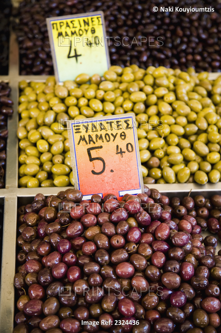 Greece, Variety of Greek olives for sale at market stall; Thessaloniki