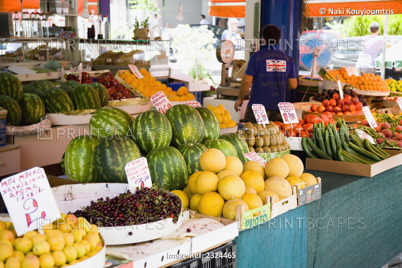 Greece, Watermelon and other fruit and vegetables for sale on local market; ...