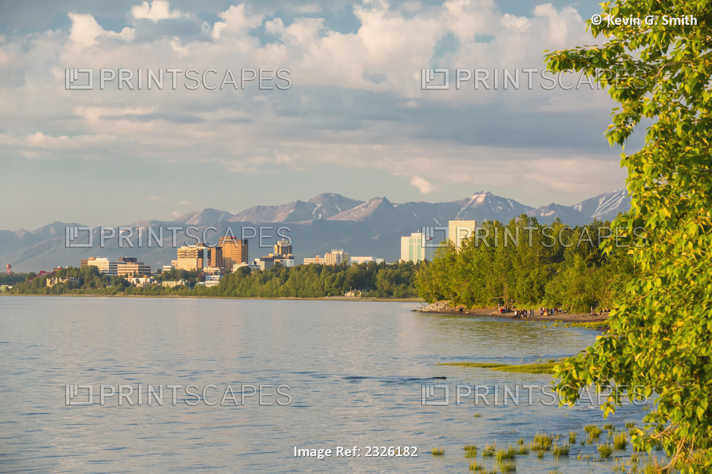 The anchorage city skyline seen from the tony knowles coastal trail during high ...