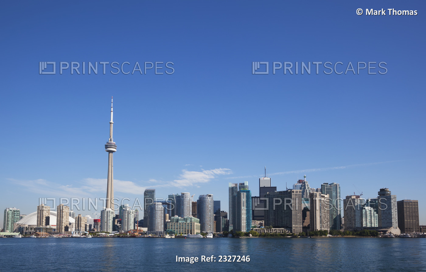 View over lake ontario of the downtown toronto skyline and cn tower; Toronto ...
