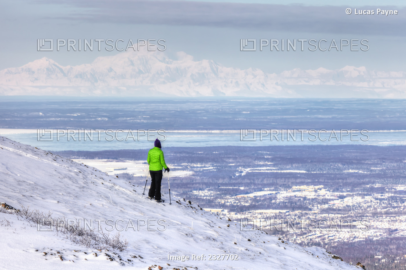 Woman snowshoer taking in the view of Mt. McKinley (Denali) from Blueberry Hill ...