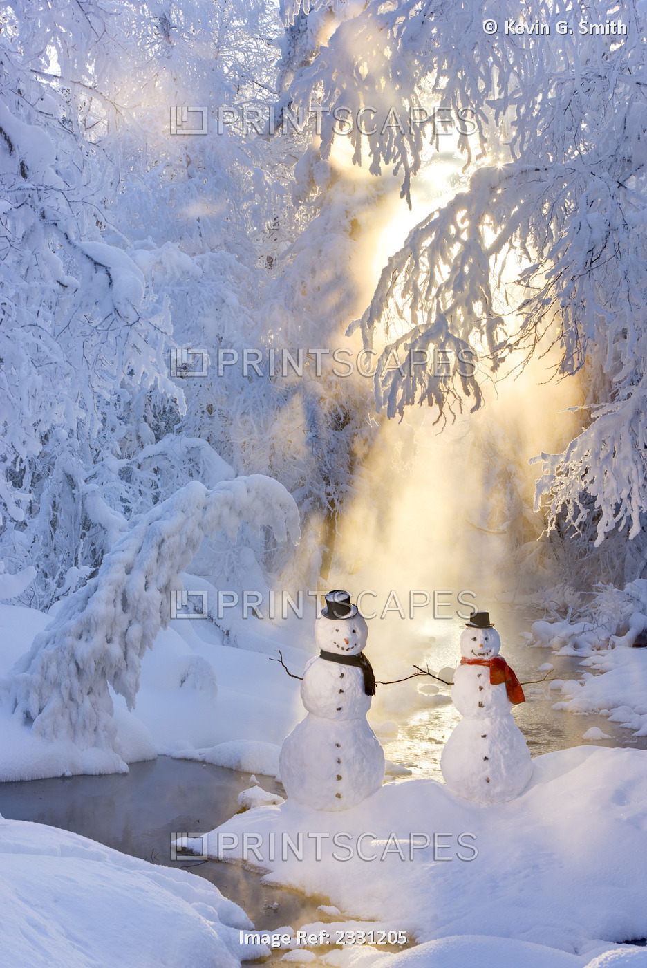 Snowman Couple Standing Next To A Stream With Sunrays Shining Through Fog And ...