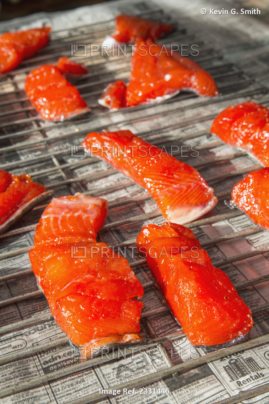 Pieces Of Kenai River Red Sockeye Salmon Sitting On Drying Racks In Preparation ...