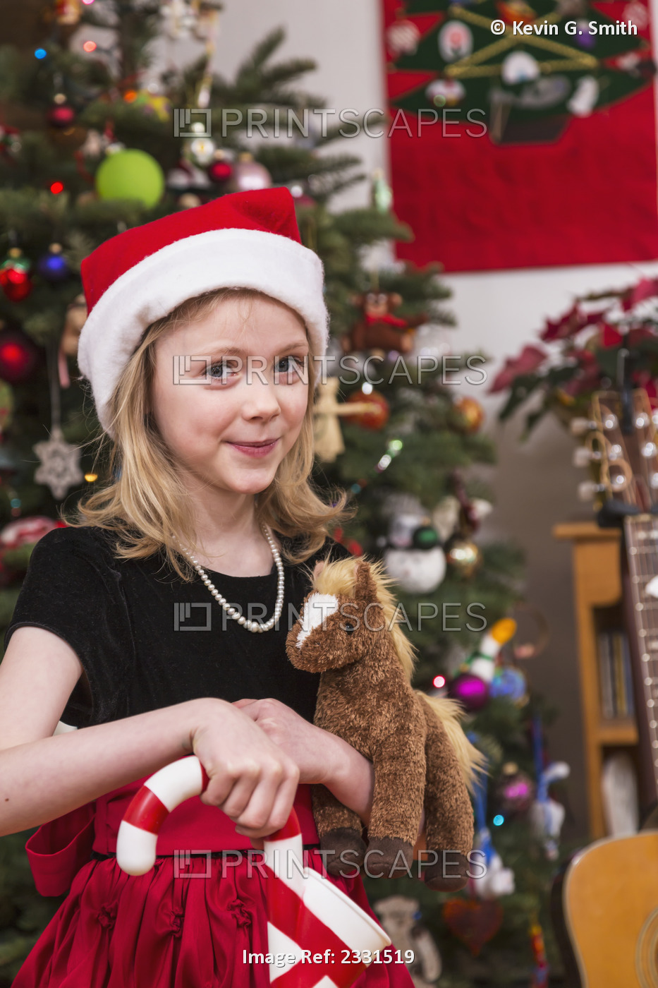 A Six Year Old Girl Wearing A Formal Dress And A Santa Hat, Holding A Stuffed ...