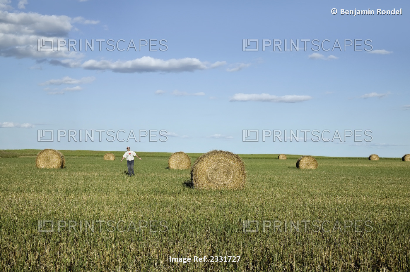 A person dancing in a field scattered with hay bales; Saskatchewan canada