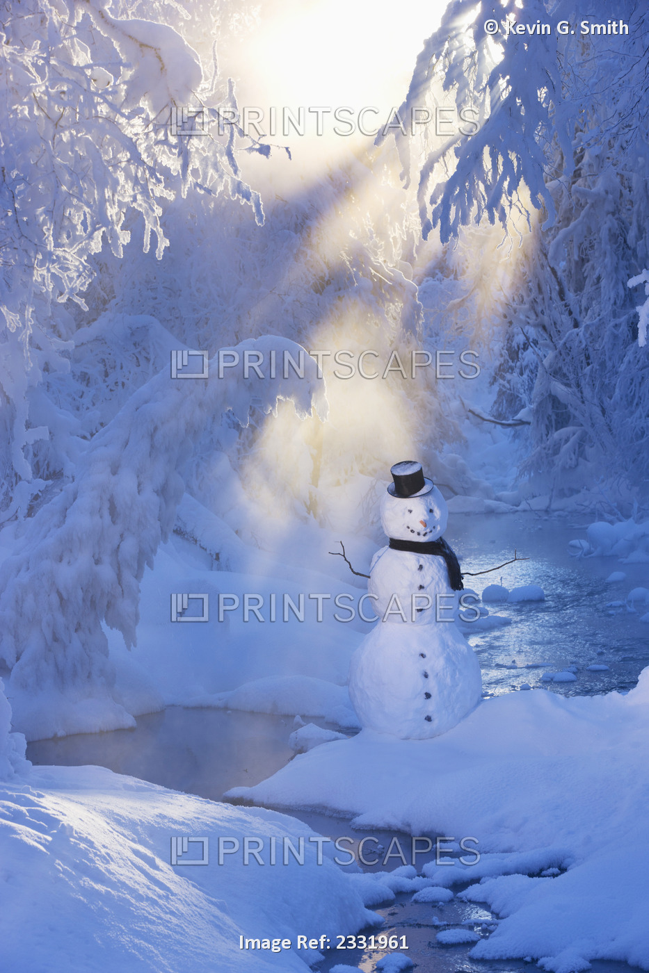 Snowman Standing Next To A Stream With Sunrays Shining Through Fog And Hoar ...