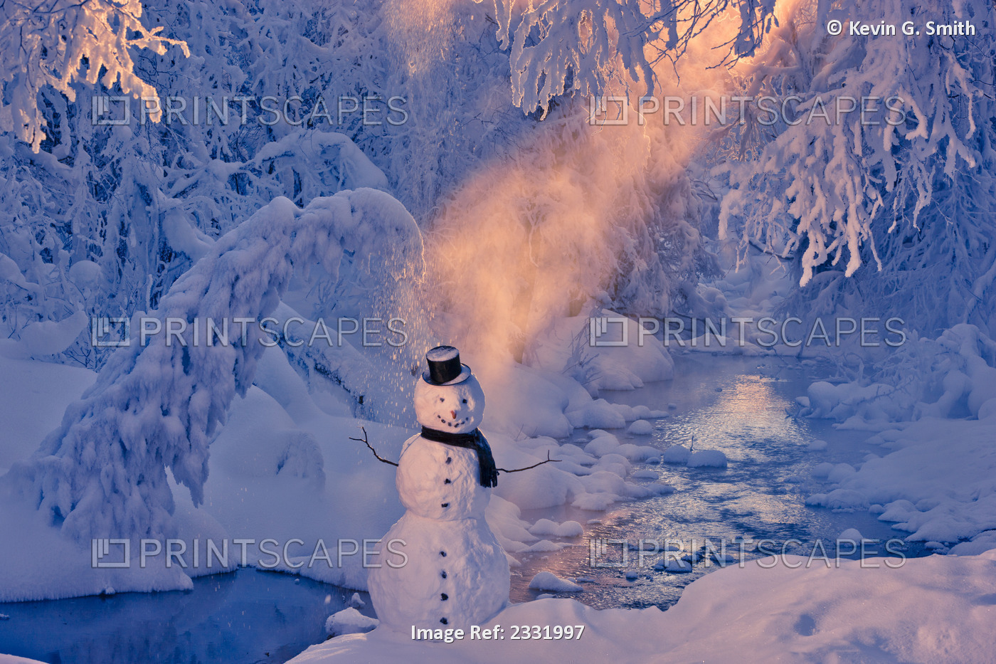 Snowman Standing Next To A Stream With Sunrays Shining Through Fog And Hoar ...