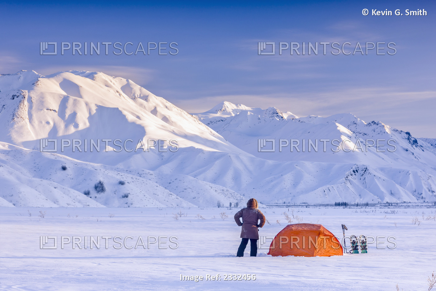 Man Watching The Morning Sun Hit The Alaska Range Standing Next To A ...