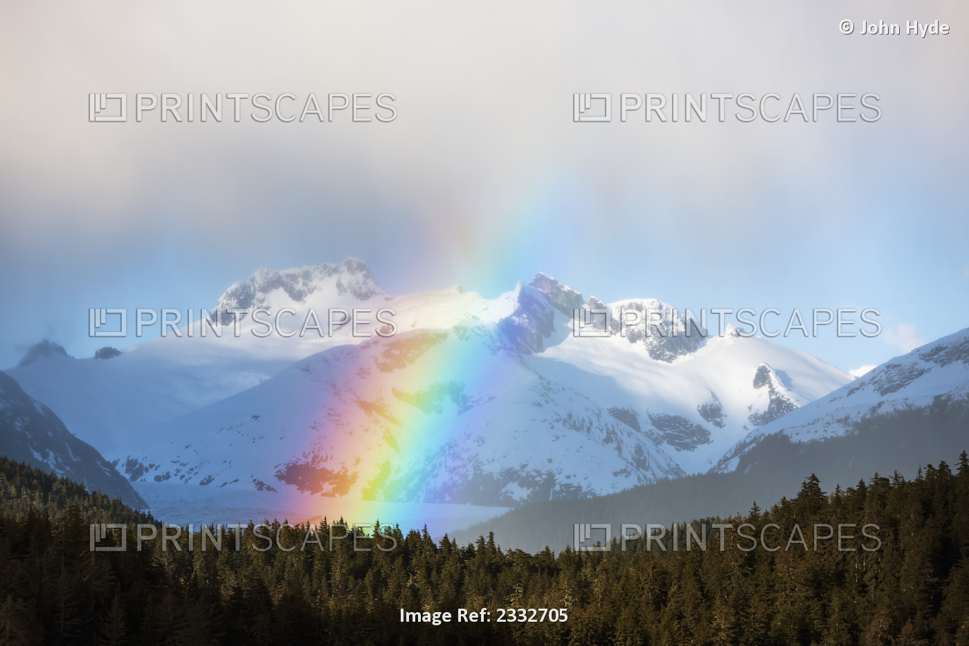 Rainbows and intermitant showers in Alaska's Tongass Forest, Herbert Glacier ...