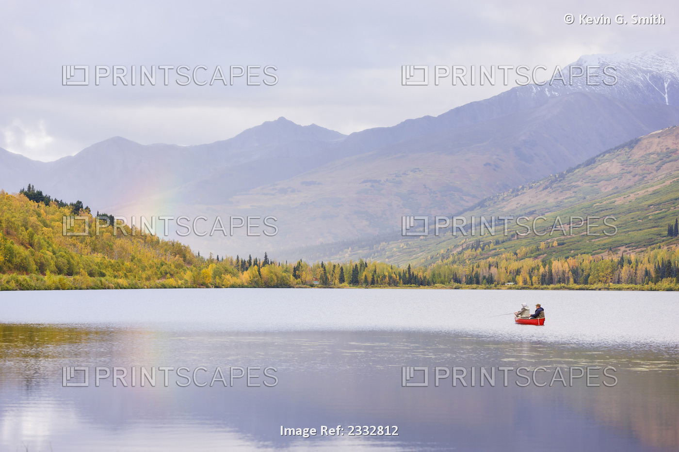 Rainbow Over Summit Lake, Two Men Fishing From A Red Canoe, Fall, Chugach ...