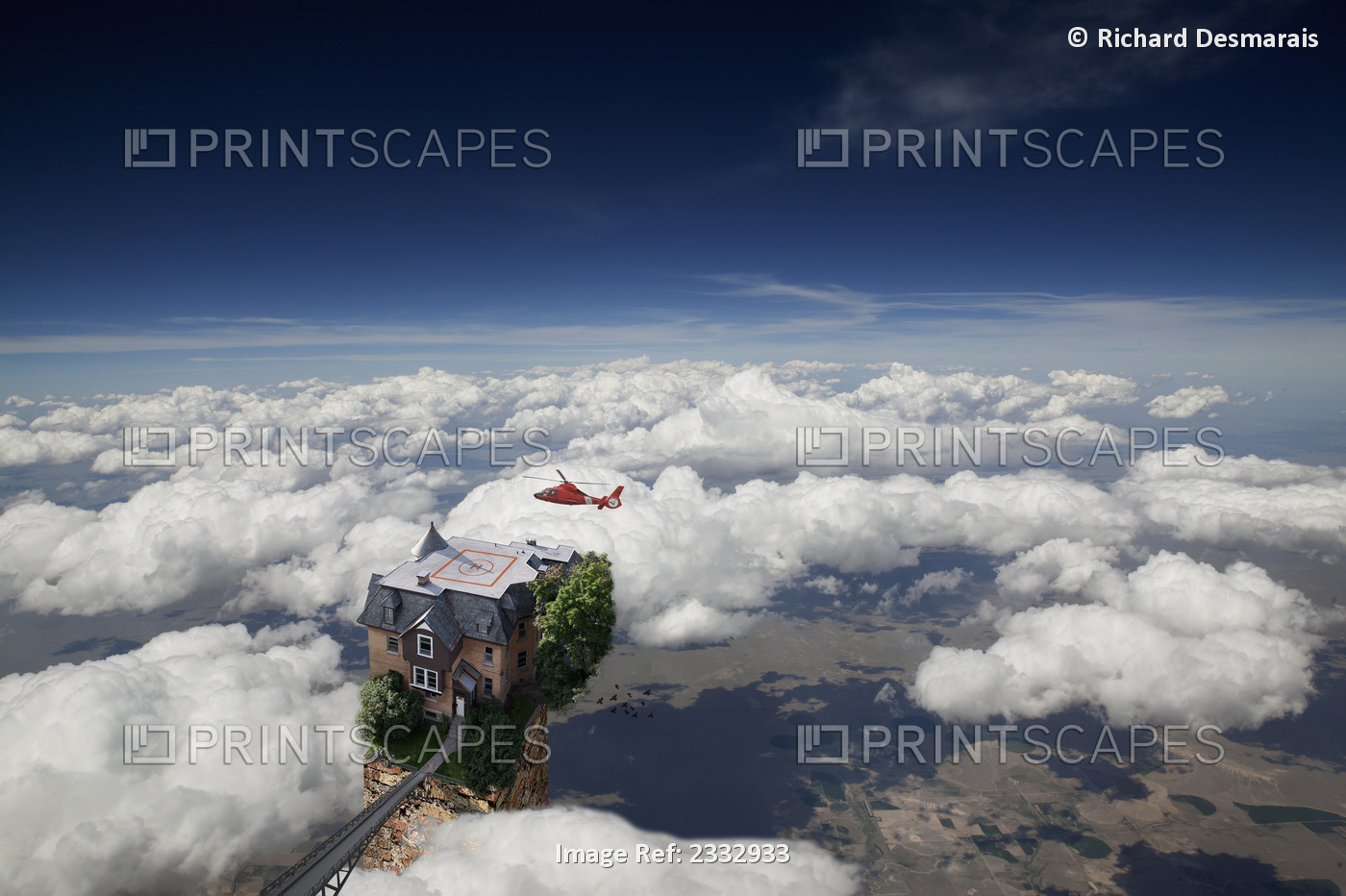 Digital Composite Of Helicopter Flying Through The Clouds Over A House
