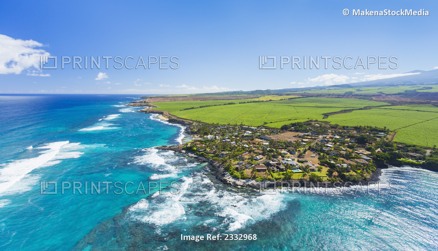 Aerial View Of The North Shore Coastline, Paia And Kuau Towns; Maui, Hawaii, ...