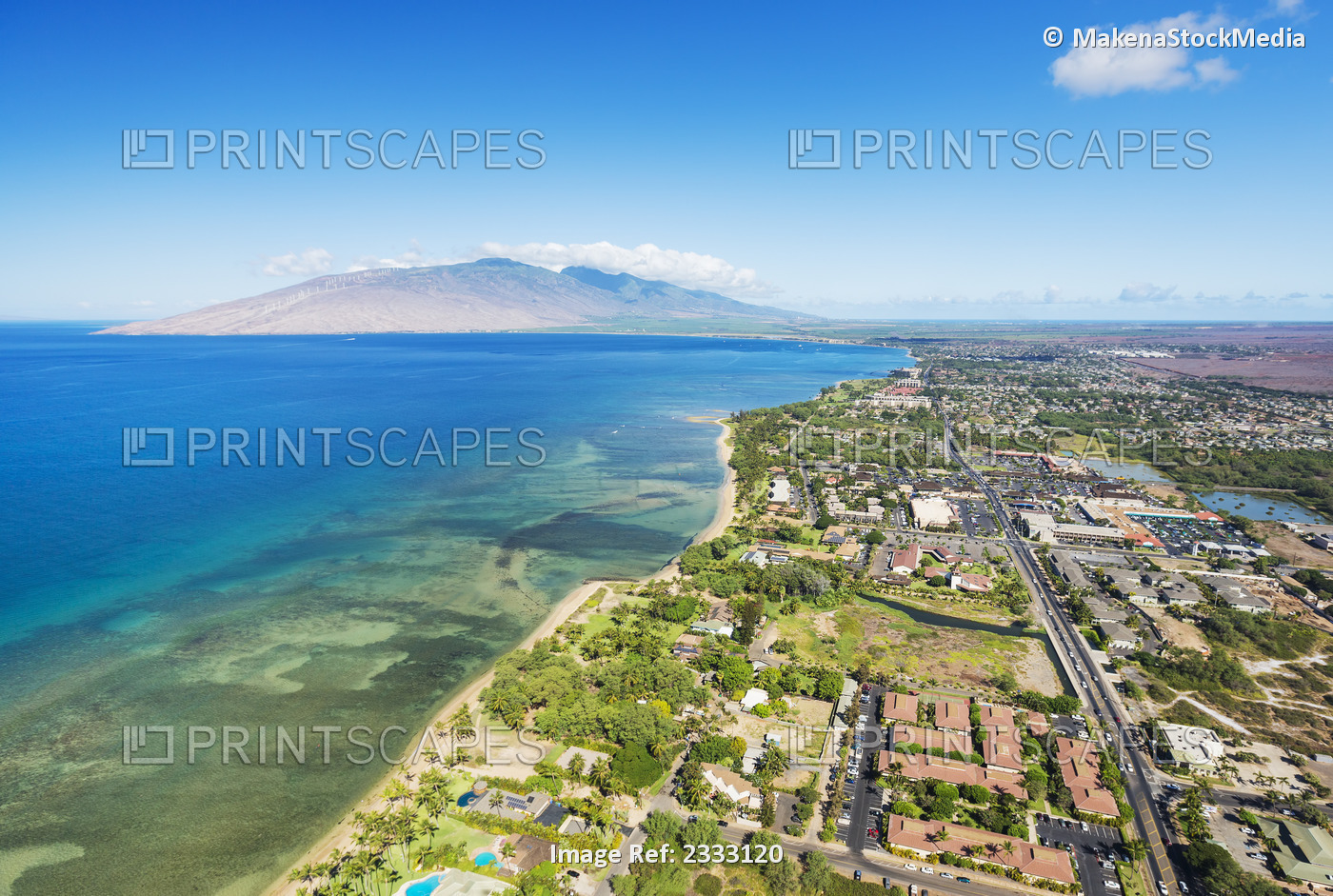 Aerial View Of The Southern Coast Of Maui And Kihei Town; Maui, Hawaii, United ...